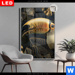 Leuchtbild Dia Monstera Und Tukan Gold Hochformat Produktvorschau mit dem Bild Monstera und Tukan Gold im Format Hochformat.