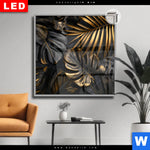 Leuchtbild Dia Palmenblaetter Schwarz Gold Quadrat Produktvorschau mit dem Bild Palmenblätter Schwarz Gold im Format Quadrat.