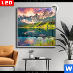 Leuchtbild Dia Sonnenaufgang Am Bergsee Quadrat Produktvorschau mit dem Bild Sonnenaufgang am Bergsee im Format Quadrat.