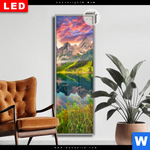 Leuchtbild Dia Sonnenaufgang Am Bergsee Schmal Produktvorschau mit dem Bild Sonnenaufgang am Bergsee im Format Schmal.