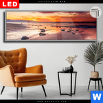 Leuchtbild Dia Sonnenuntergang Am Strand Mit Felsen Panorama Produktvorschau mit dem Bild Sonnenuntergang am Strand mit Felsen im Format Panorama.
