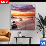 Leuchtbild Dia Sonnenuntergang Am Strand Mit Felsen Quadrat Produktvorschau mit dem Bild Sonnenuntergang am Strand mit Felsen im Format Quadrat.