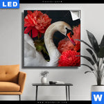 Leuchtbild Eleganter Schwan Mit Blumen Quadrat Produktvorschau mit dem Bild Eleganter Schwan mit Blumen im Format Quadrat.