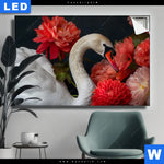 Leuchtbild Eleganter Schwan Mit Blumen Querformat Produktvorschau mit dem Bild Eleganter Schwan mit Blumen im Format Querformat.