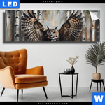 Leuchtbild Eule Im Birkenwald Panorama Produktvorschau mit dem Bild Eule im Birkenwald im Format Panorama.