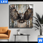 Leuchtbild Eule Im Birkenwald Quadrat Produktvorschau mit dem Bild Eule im Birkenwald im Format Quadrat.