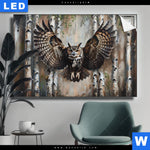 Leuchtbild Eule Im Birkenwald Querformat Produktvorschau mit dem Bild Eule im Birkenwald im Format Querformat.