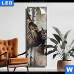 Leuchtbild Eule Im Birkenwald Schmal Produktvorschau mit dem Bild Eule im Birkenwald im Format Schmal.