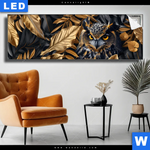 Leuchtbild Eule Und Goldene Blaetter Panorama Produktvorschau mit dem Bild Eule und goldene Blätter im Format Panorama.