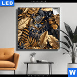 Leuchtbild Eule Und Goldene Blaetter Quadrat Produktvorschau mit dem Bild Eule und goldene Blätter im Format Quadrat.