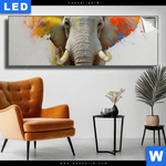Leuchtbild Farbenexplosion Mit Elefant Panorama Produktvorschau mit dem Bild Farbenexplosion mit Elefant im Format Panorama.