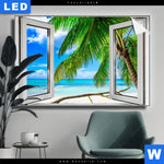 Leuchtbild Fensterblick Karibik Palme Querformat Produktvorschau mit dem Bild Fensterblick Karibik Palme im Format Querformat.