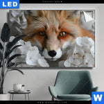 Leuchtbild Friedlicher Fuchs Und Blumen Querformat Produktvorschau mit dem Bild Friedlicher Fuchs und Blumen im Format Querformat.