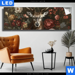 Leuchtbild Friedlicher Hirsch Und Blueten Panorama Produktvorschau mit dem Bild Friedlicher Hirsch und Blüten im Format Panorama.