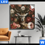 Leuchtbild Friedlicher Hirsch Und Blueten Quadrat Produktvorschau mit dem Bild Friedlicher Hirsch und Blüten im Format Quadrat.