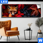 Leuchtbild Fuchs Im Herbstlaub Panorama Produktvorschau mit dem Bild Fuchs im Herbstlaub im Format Panorama.