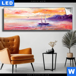 Leuchtbild Gemaelde Mit Boot Im Sonnenuntergang Panorama Produktvorschau mit dem Bild Gemälde mit Boot im Sonnenuntergang im Format Panorama.