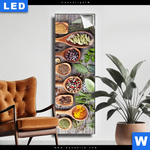 Leuchtbild Gewuerze Auf Holzloeffeln Schmal Produktvorschau mit dem Bild Gewürze auf Holzlöffeln im Format Schmal.