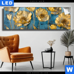 Leuchtbild Goldene Blumen Auf Blau Panorama Produktvorschau mit dem Bild Goldene Blumen auf Blau im Format Panorama.