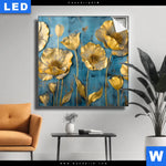 Leuchtbild Goldene Blumen Auf Blau Quadrat Produktvorschau mit dem Bild Goldene Blumen auf Blau im Format Quadrat.