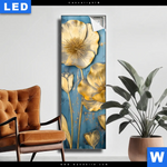 Leuchtbild Goldene Blumen Auf Blau Schmal Produktvorschau mit dem Bild Goldene Blumen auf Blau im Format Schmal.