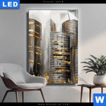 Leuchtbild Goldene Skyline Vision Hochformat Produktvorschau mit dem Bild Goldene Skyline Vision im Format Hochformat.
