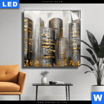 Leuchtbild Goldene Skyline Vision Quadrat Produktvorschau mit dem Bild Goldene Skyline Vision im Format Quadrat.