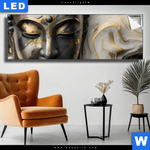 Leuchtbild Goldener Buddha Fluid Art Panorama Produktvorschau mit dem Bild Goldener Buddha Fluid Art im Format Panorama.