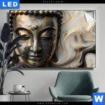 Leuchtbild Goldener Buddha Fluid Art Querformat Produktvorschau mit dem Bild Goldener Buddha Fluid Art im Format Querformat.