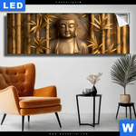 Leuchtbild Goldener Buddha Im Bambuswald Panorama Produktvorschau mit dem Bild Goldener Buddha im Bambuswald im Format Panorama.