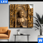 Leuchtbild Goldener Buddha Im Bambuswald Quadrat Produktvorschau mit dem Bild Goldener Buddha im Bambuswald im Format Quadrat.