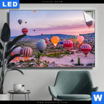 Leuchtbild Heissluftballons Im Sonnenuntergang Querformat Produktvorschau mit dem Bild Heißluftballons im Sonnenuntergang im Format Querformat.