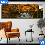 Leuchtbild Herbstlandschaft Am Fluss Panorama Produktvorschau mit dem Bild Herbstlandschaft am Fluss im Format Panorama.