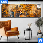 Leuchtbild Herbstzeit Mit Rotfuchs Panorama Produktvorschau mit dem Bild Fuchs im Blätterwald im Format Panorama.