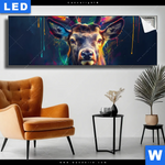 Leuchtbild Hirsch Im Leuchtenden Farbmix Panorama Produktvorschau mit dem Bild Hirsch im leuchtenden Farbmix im Format Panorama.
