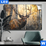 Leuchtbild Hirsch Im Morgenlicht Querformat Produktvorschau mit dem Bild Hirsch im Morgenlicht im Format Querformat.
