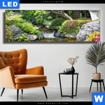 Leuchtbild Japanischer Garten Mit Wasserlauf Panorama Produktvorschau mit dem Bild Japanischer Garten mit Wasserlauf im Format Panorama.