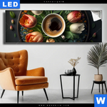 Leuchtbild Kaffee Inmitten Wunderschoener Blumen Panorama Produktvorschau mit dem Bild Kaffee inmitten wunderschöner Blumen im Format Panorama.
