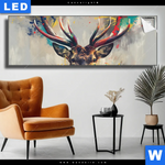 Leuchtbild Kreativer Hirsch Mit Farbspritzern Panorama Produktvorschau mit dem Bild Kreativer Hirsch mit Farbspritzern im Format Panorama.