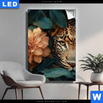 Leuchtbild Leopard Im Bluetenmeer Hochformat Produktvorschau mit dem Bild Leopard im Blütenmeer im Format Hochformat.