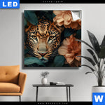 Leuchtbild Leopard Im Bluetenmeer Quadrat Produktvorschau mit dem Bild Leopard im Blütenmeer im Format Quadrat.