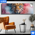 Leuchtbild Leopard Im Farbnebel Panorama Produktvorschau mit dem Bild Leopard im Farbnebel im Format Panorama.