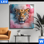 Leuchtbild Leopard Im Farbnebel Quadrat Produktvorschau mit dem Bild Leopard im Farbnebel im Format Quadrat.