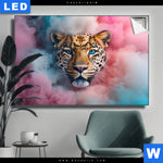 Leuchtbild Leopard Im Farbnebel Querformat Produktvorschau mit dem Bild Leopard im Farbnebel im Format Querformat.