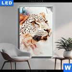 Leuchtbild Leopard In Farbexplosion Hochformat Produktvorschau mit dem Bild Leopard in Farbexplosion im Format Hochformat.