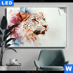 Leuchtbild Leopard In Farbexplosion Querformat Produktvorschau mit dem Bild Leopard in Farbexplosion im Format Querformat.