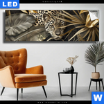 Leuchtbild Leopard In Goldener Tarnung Panorama Produktvorschau mit dem Bild Leopard in goldener Tarnung im Format Panorama.