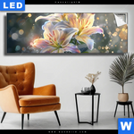 Leuchtbild Lilien Im Morgenlicht Panorama Produktvorschau mit dem Bild Lilien im Morgenlicht im Format Panorama.