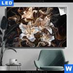 Leuchtbild Lilien In Goldenem Rauch Querformat Produktvorschau mit dem Bild Lilien in goldenem Rauch im Format Querformat.