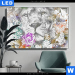 Leuchtbild Loewe Blumen Querformat Produktvorschau mit dem Bild Löwe & Blumen im Format Querformat.